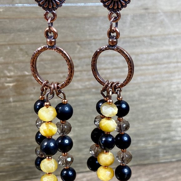Shungite + Smokey Quartz + Tiger Eye Antique Copper Chandelier Earrings - Picture 5 of 6